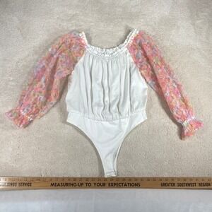 TCEC Womens White Bodysuit Floral 3D Applique Mesh Long Sleeve CT8229 Large